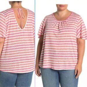 B‎ COLLECTION Womens Shirt Top Tee Soft Coral White Stripe Semi-Sheer Plus 2X
